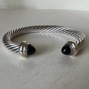 DAVID YURMAN 7mm Cable Classic Black Onyx Silver 14K Gold Bracelet Cuff